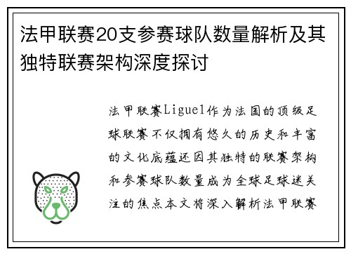 法甲联赛20支参赛球队数量解析及其独特联赛架构深度探讨