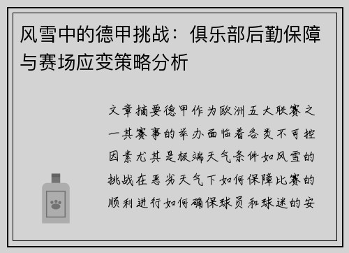 风雪中的德甲挑战：俱乐部后勤保障与赛场应变策略分析