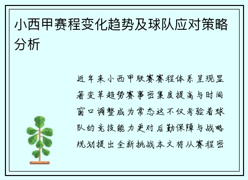 小西甲赛程变化趋势及球队应对策略分析