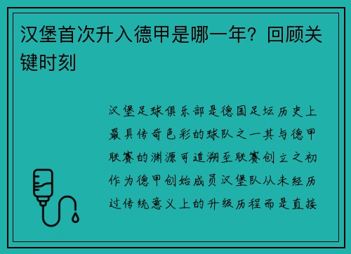 汉堡首次升入德甲是哪一年？回顾关键时刻